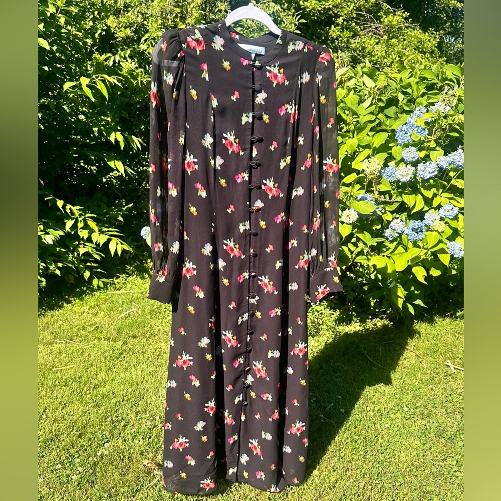 EUC Hill House Cindra Dress Black Ikat Floral Georgette in XS